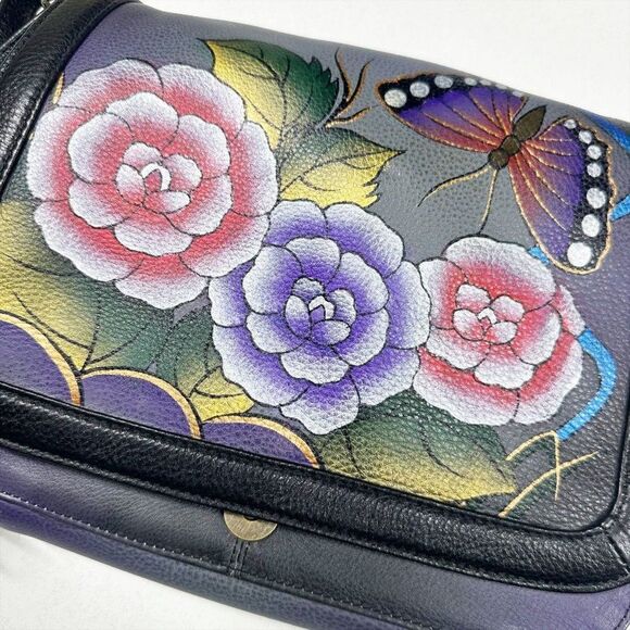 Anuschka Purple Black Floral Hand Painted Leather Crossbody Bag + Card Holder - Picture 3 of 15